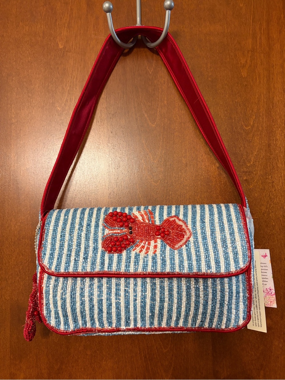 Handcrafted In India Beaded Blue & White Striped Bag w/Red Lobster Accent